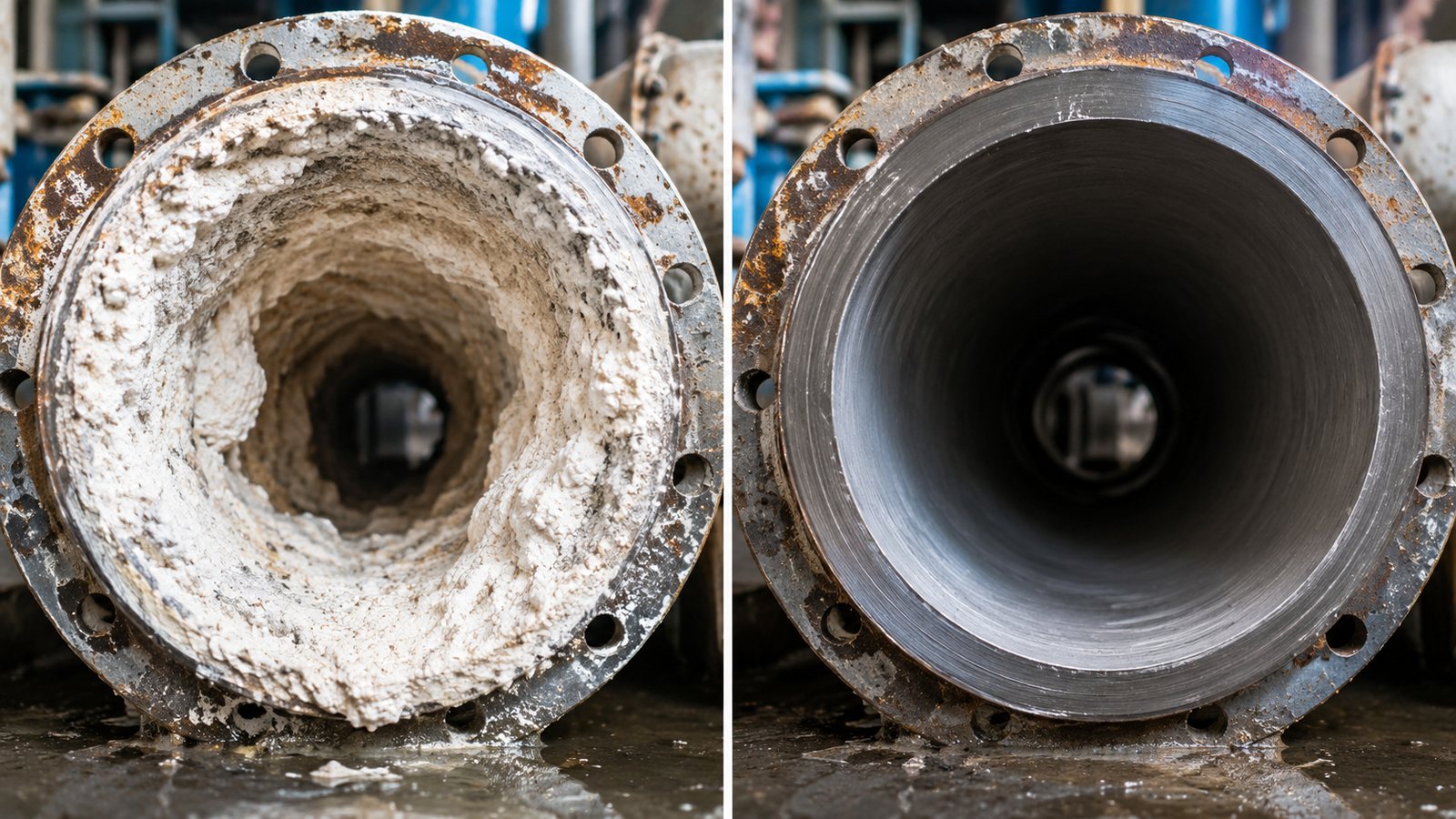 Pipe before and after struvite scale removal